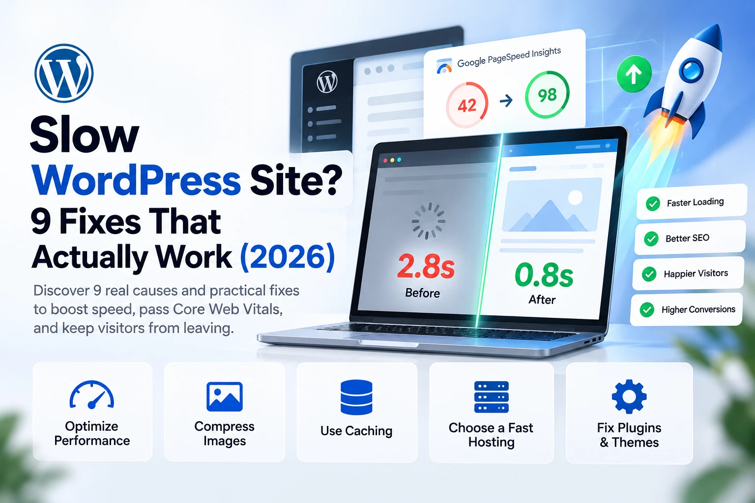 Slow WordPress site before and after speed optimization in PageSpeed Insights
